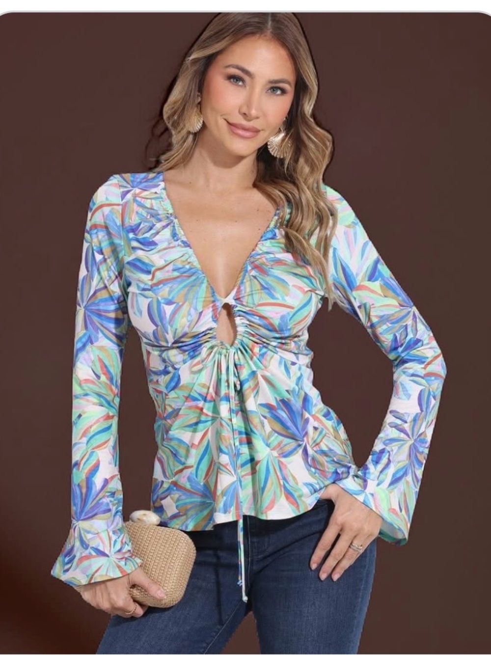 Veronica M Blue Multi Ruched Tie-Front Long bell Sleeve